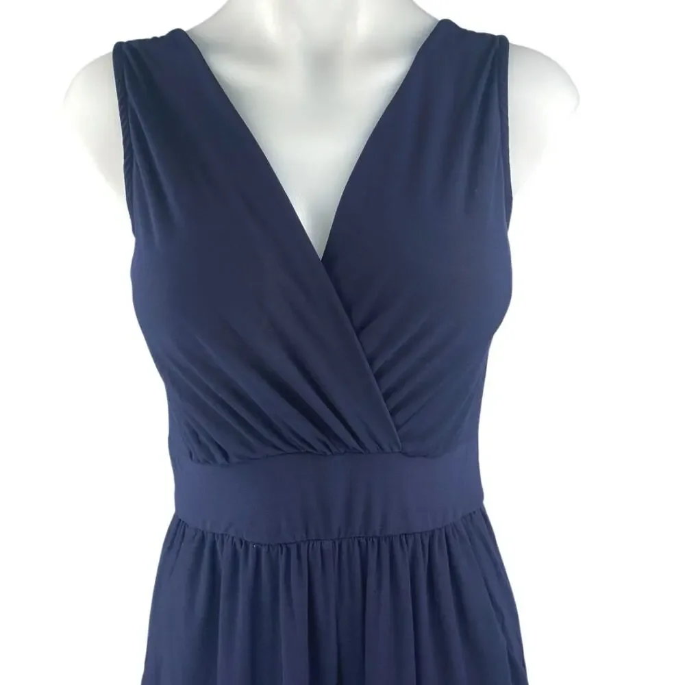 Gilli Navy Blue Sleeveless V Neck Faux Wrap Wide Leg Cropped Jumpsuit Size S